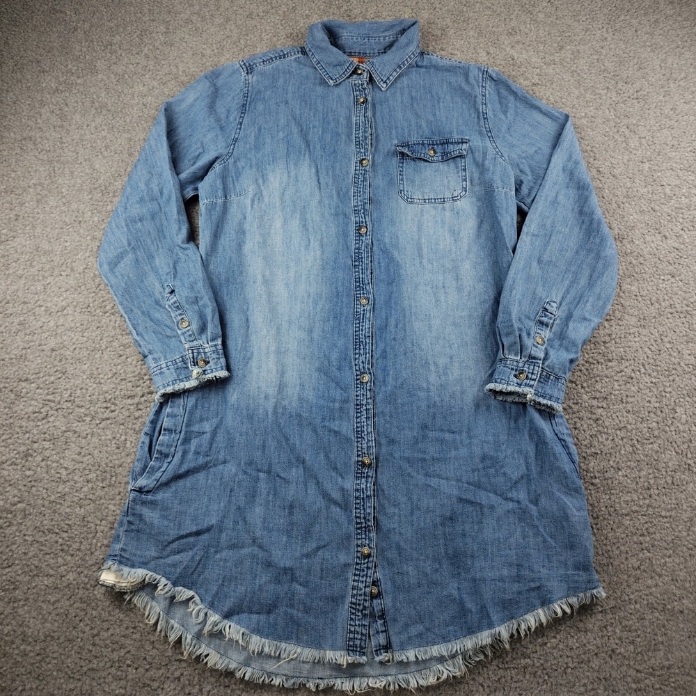 Legendary Stockyards Denim Shirt Dress Flannel Lined Blue Womens Large Rodeo
